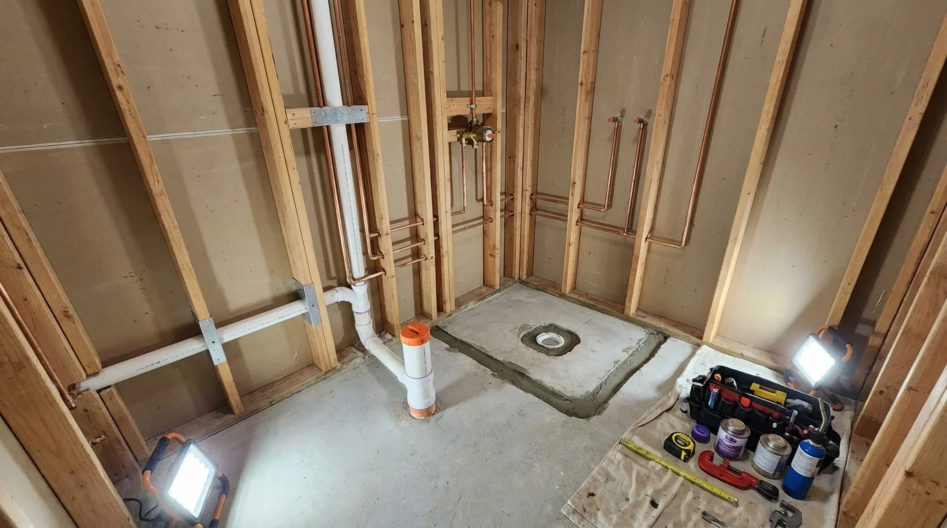 Bathroom rough-in plumbing during remodel by Johns Plumbing LLC in Haven