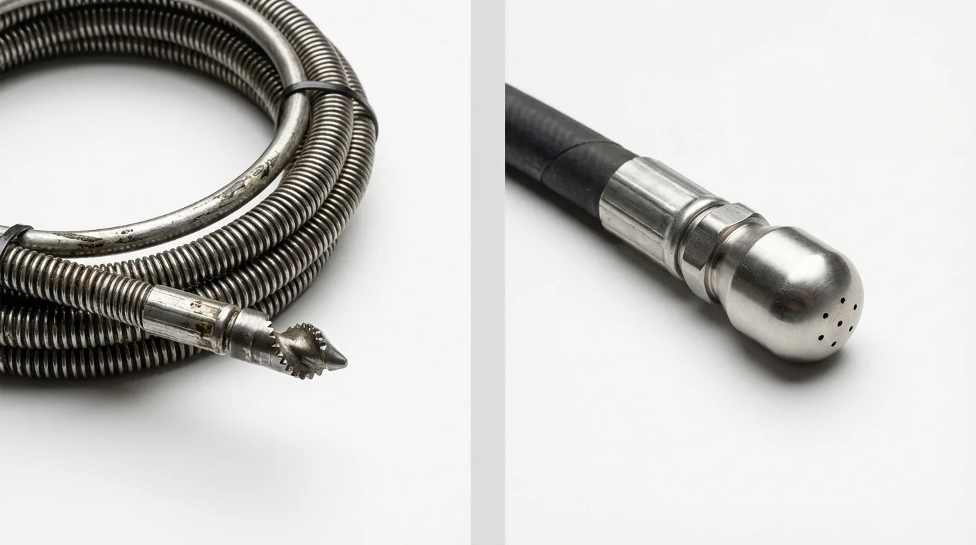 Drain snake cable and hydro jetting nozzle used for drain cleaning in Haven, KS