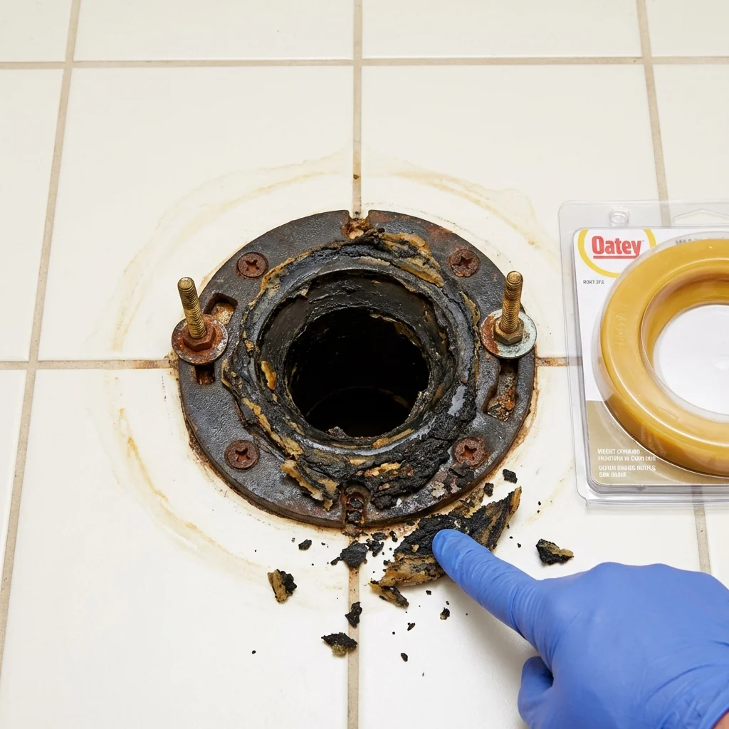 Failed wax ring showing water seepage at the base of a toilet in a Haven, KS home